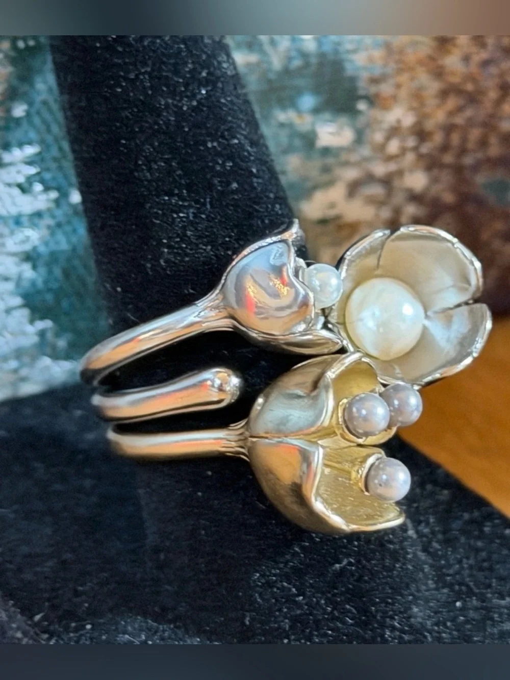 COACH Tea Rose/ Pearl/ Silver Stackable Ring Set/ 2 Rings/ Size 7 & Adjustable
